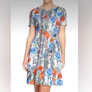 Catherine Malandrino Vondie Print Scuba Fit Flare Dress Pleated Floral 10